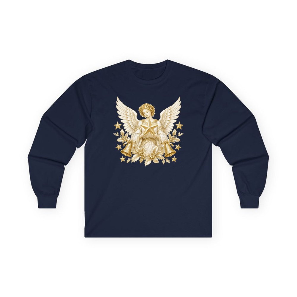 Golden Angel and Star personalised long sleeve Christmas T-shirt in navy