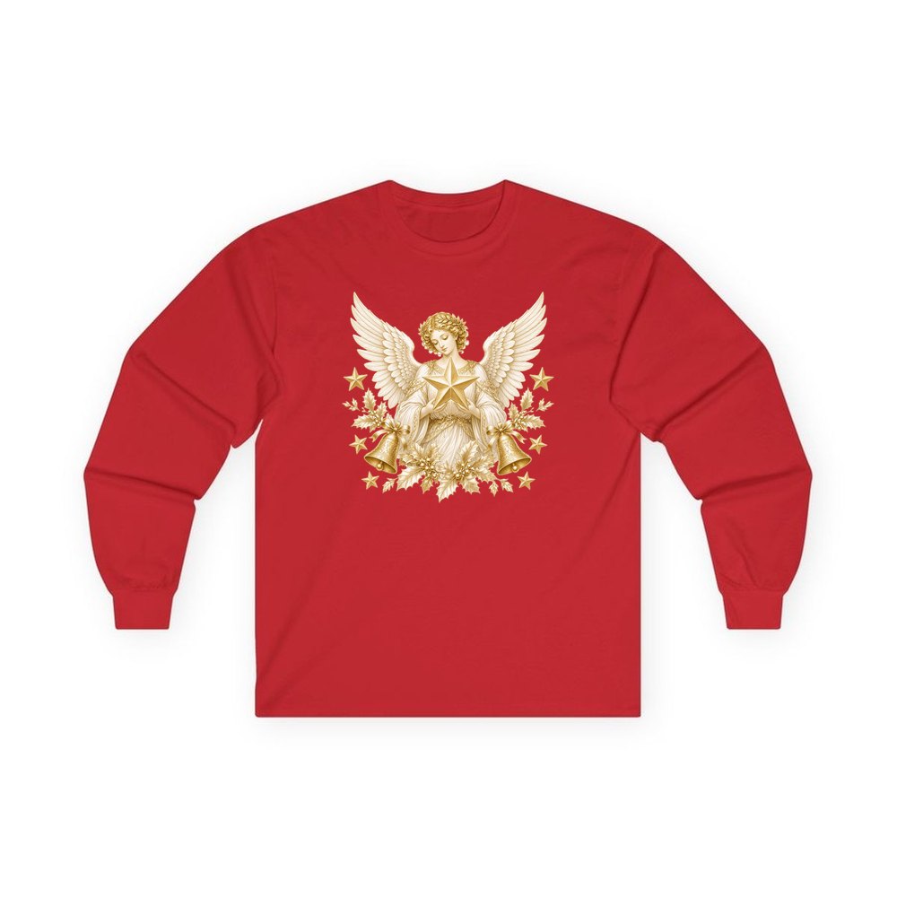 Golden Angel and Star personalised long sleeve Christmas T-shirt in red