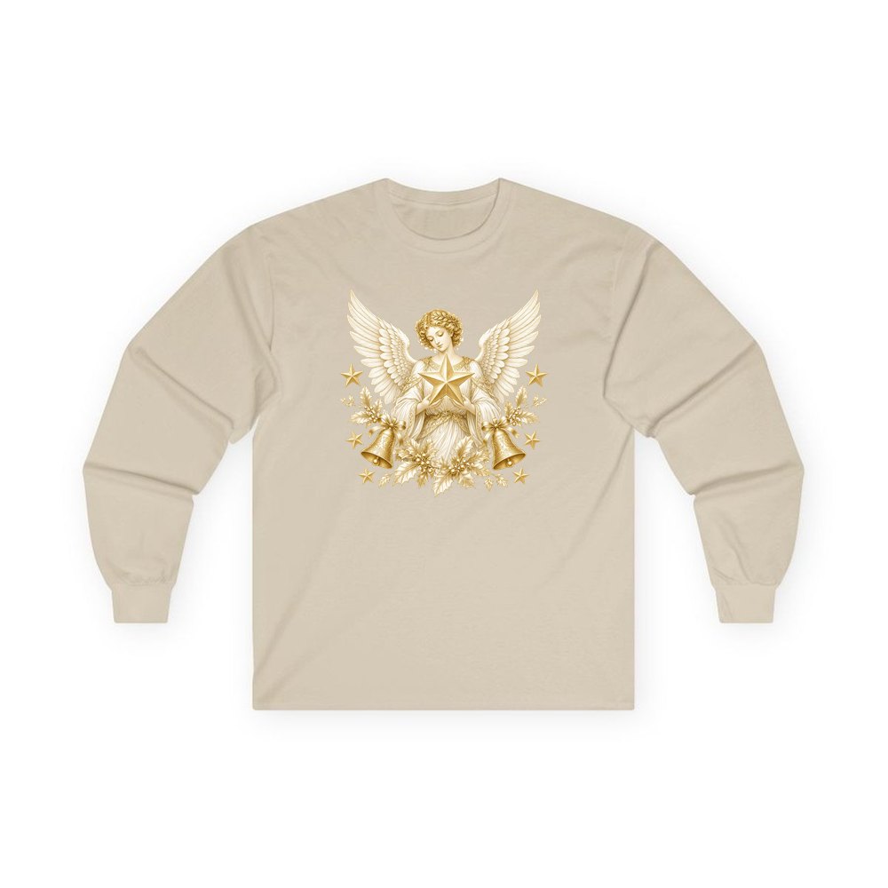 Golden Angel and Star personalised long sleeve Christmas T-shirt in sand