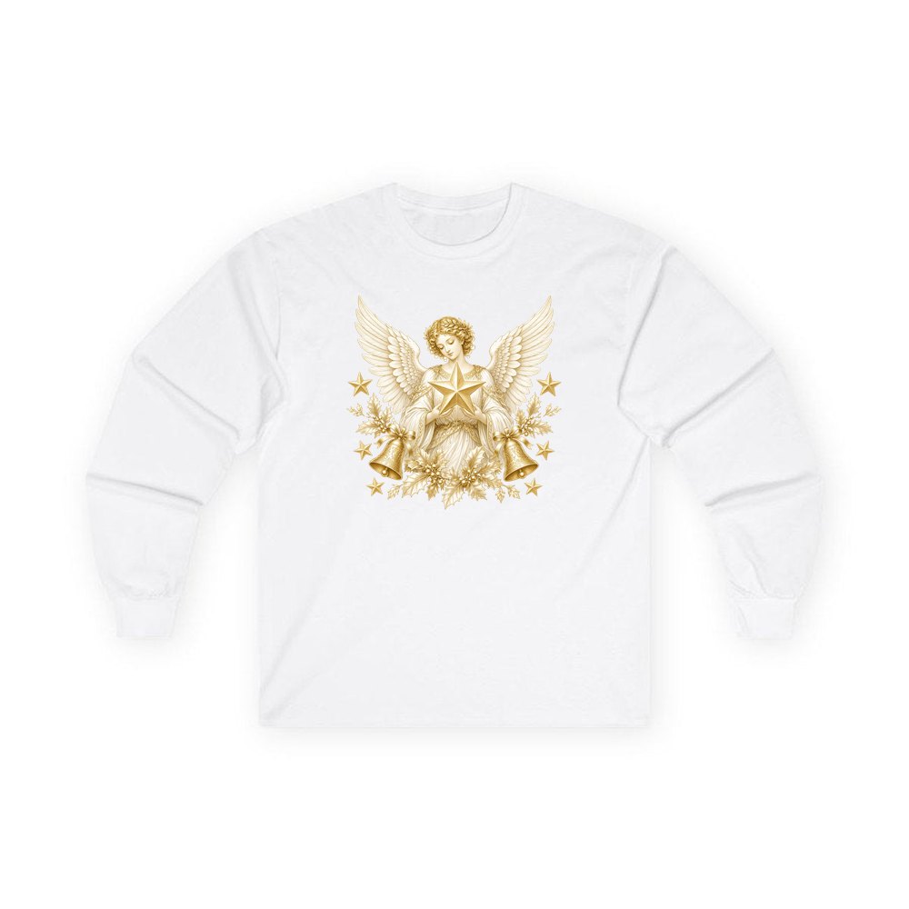 Golden Angel and Star personalised long sleeve Christmas T-shirt in white