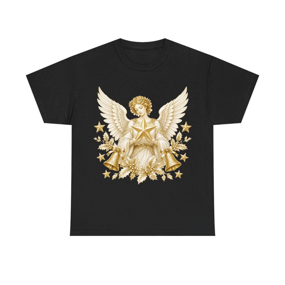 Golden Angel and Star personalised Christmas T-shirt in black
