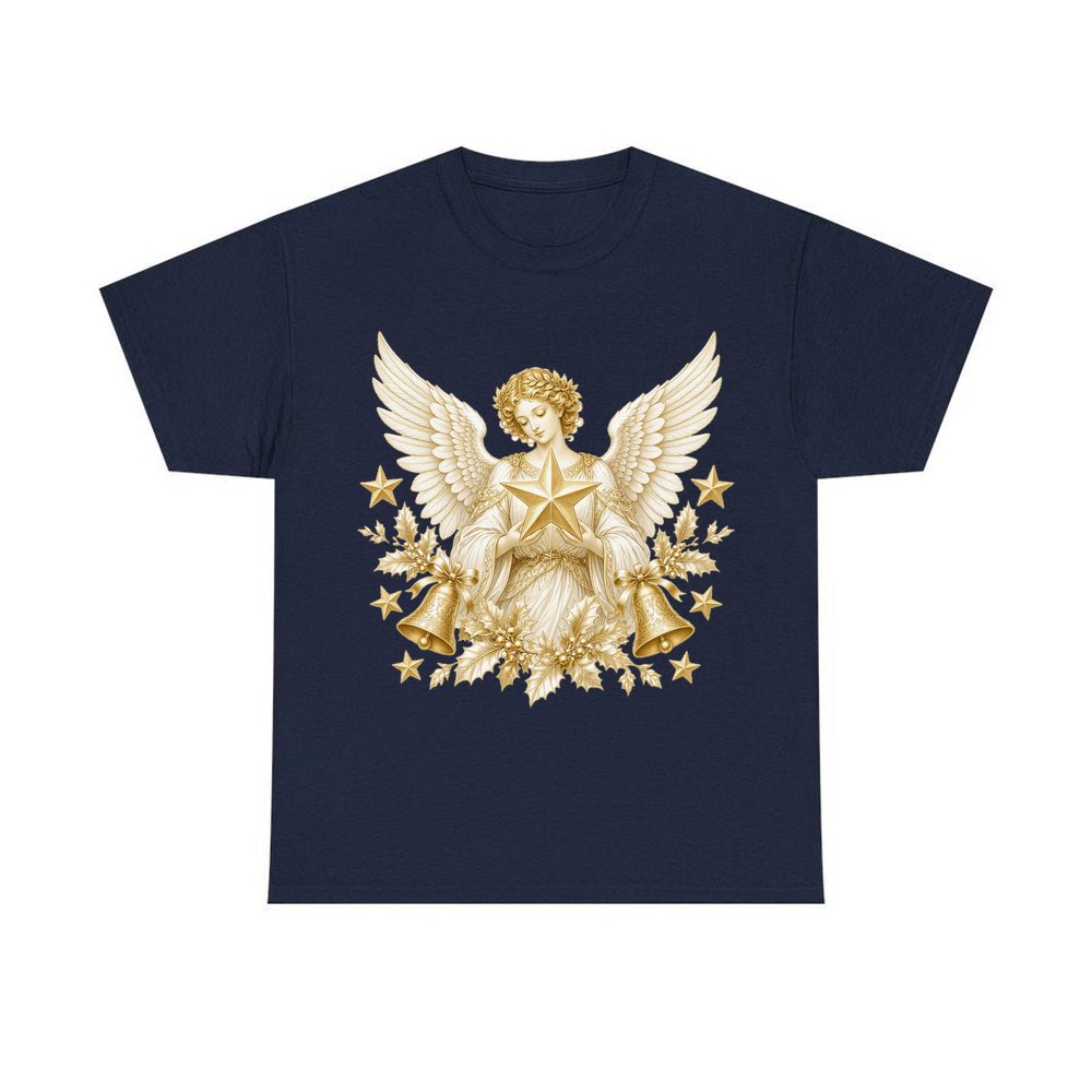 Golden Angel and Star personalised Christmas T-shirt in navy
