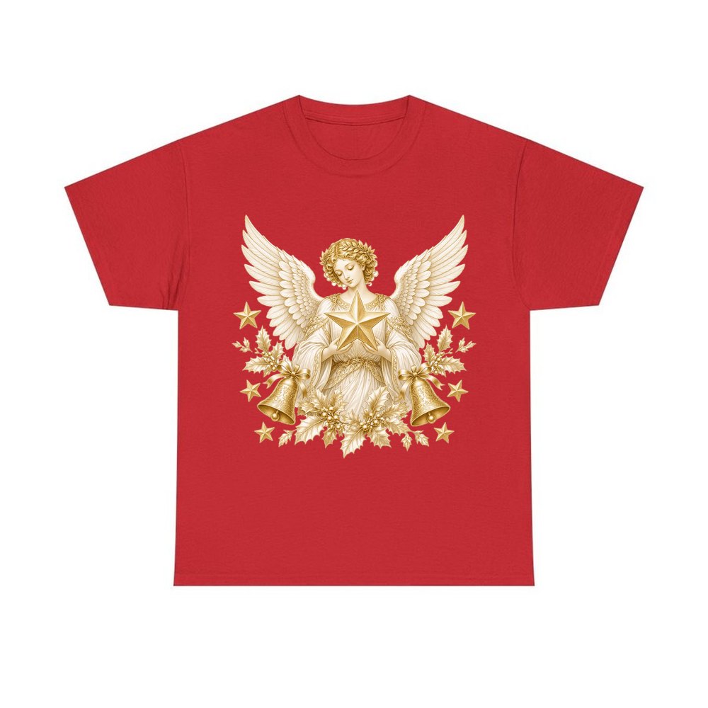 Golden Angel and Star personalised Christmas T-shirt in red