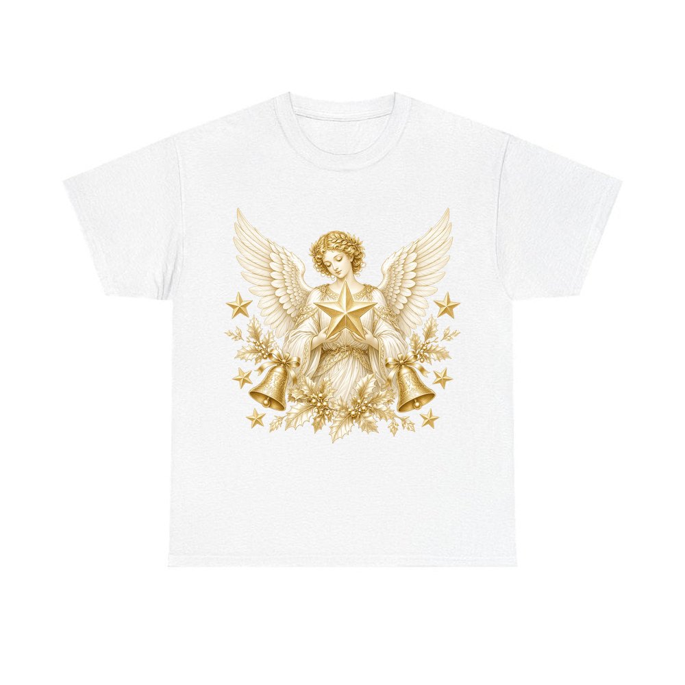 Golden Angel And Star design on a white tee