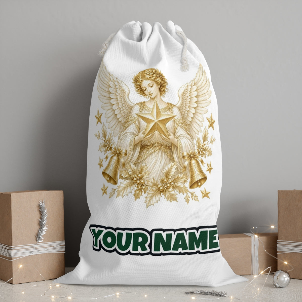 Golden Angel and Star Personalised Santa Sack