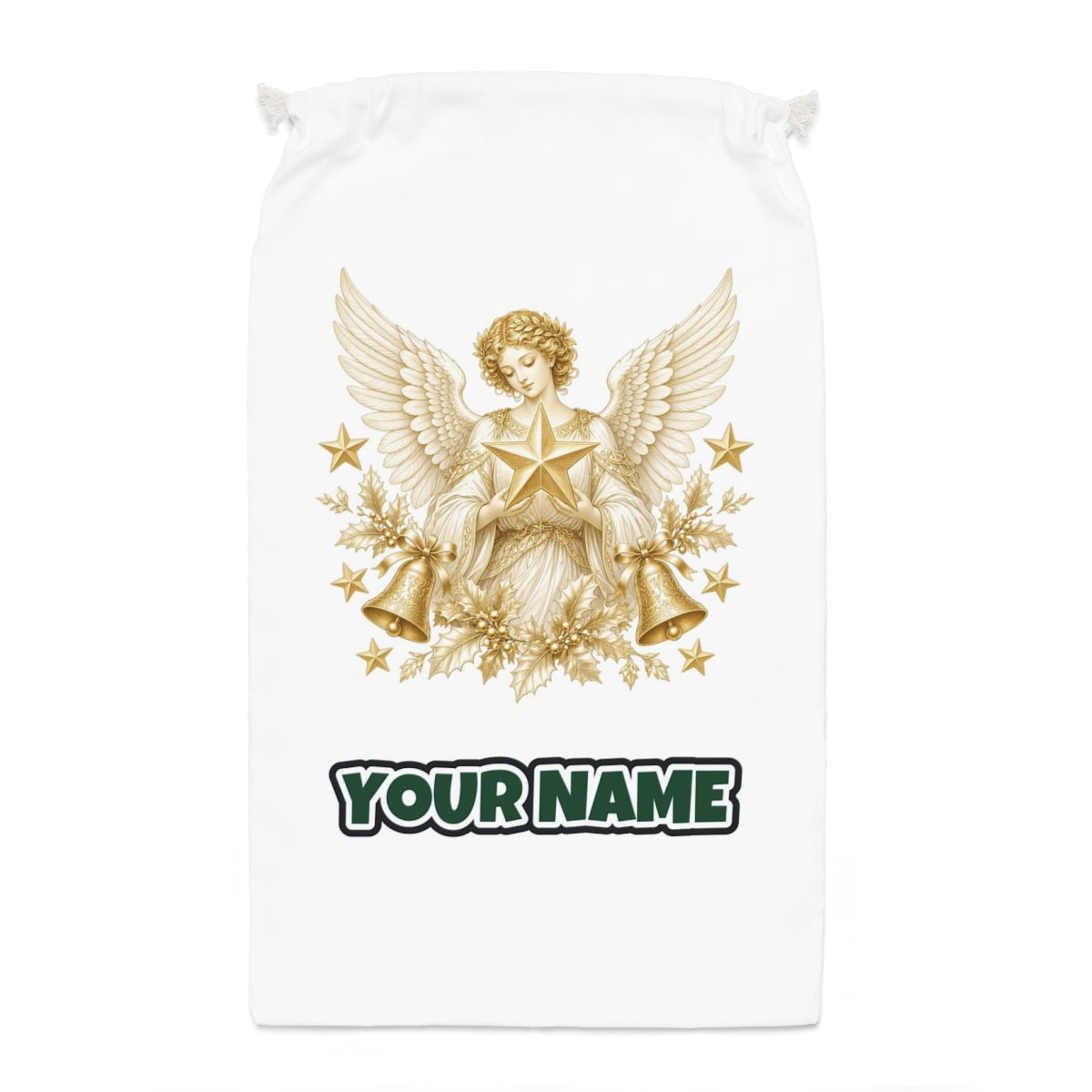Golden Angel and Star Santa sack laid flat, showing the full print