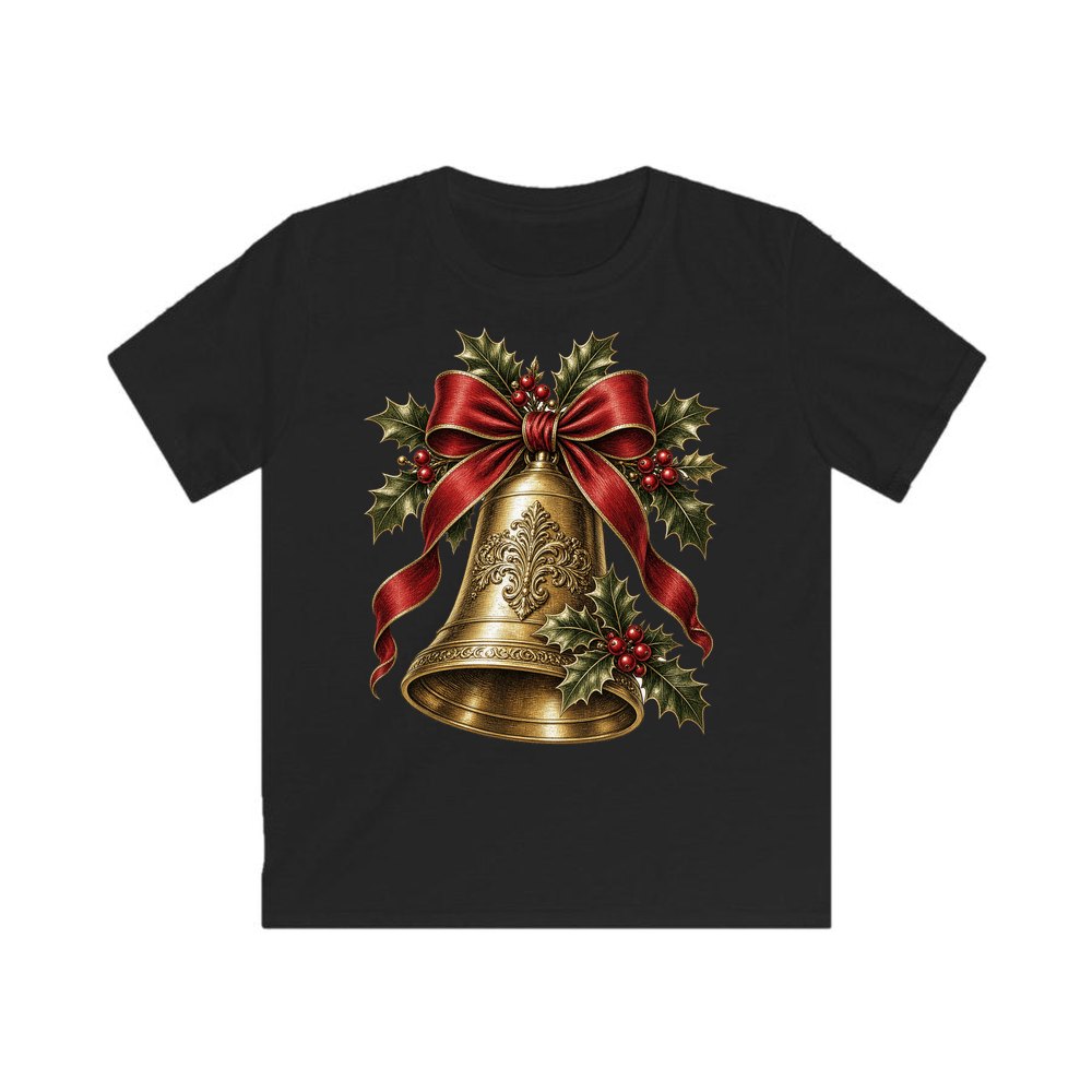 Golden Bell and Holly personalised kids Christmas tee in black
