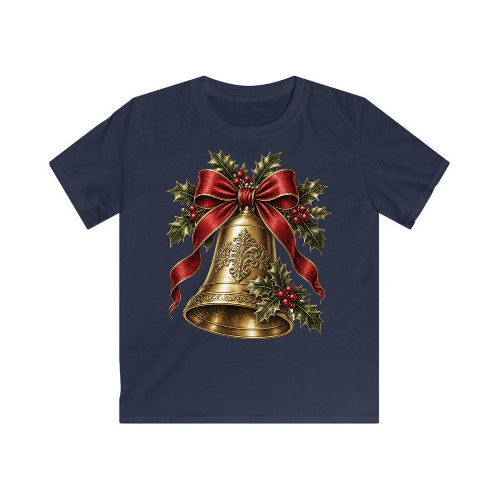 Golden Bell and Holly personalised kids Christmas tee in navy