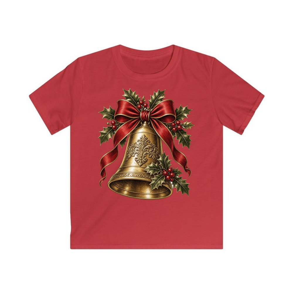 Golden Bell and Holly personalised kids Christmas tee in red