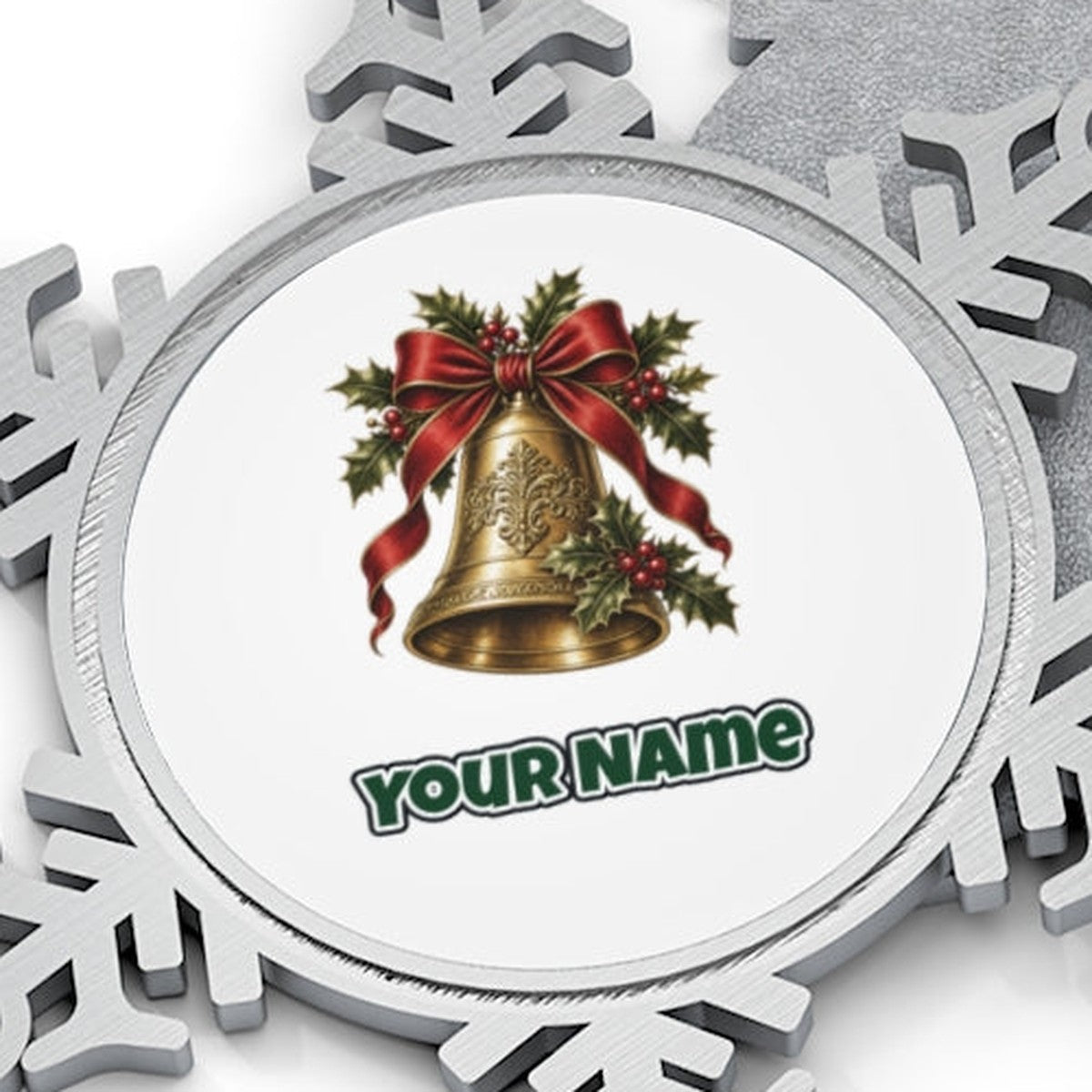 Golden Bell and Holly Personalised Pewter Christmas Ornament