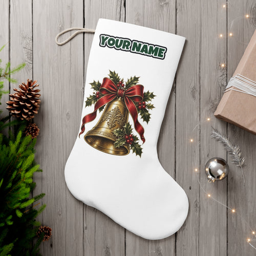 Golden Bell and Holly personalised Christmas stocking, white, with the name across the top