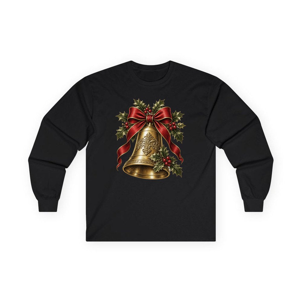 Golden Bell and Holly personalised long sleeve Christmas T-shirt in black