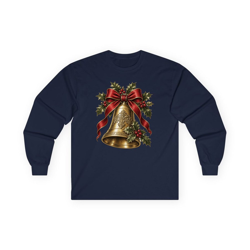 Golden Bell and Holly personalised long sleeve Christmas T-shirt in navy
