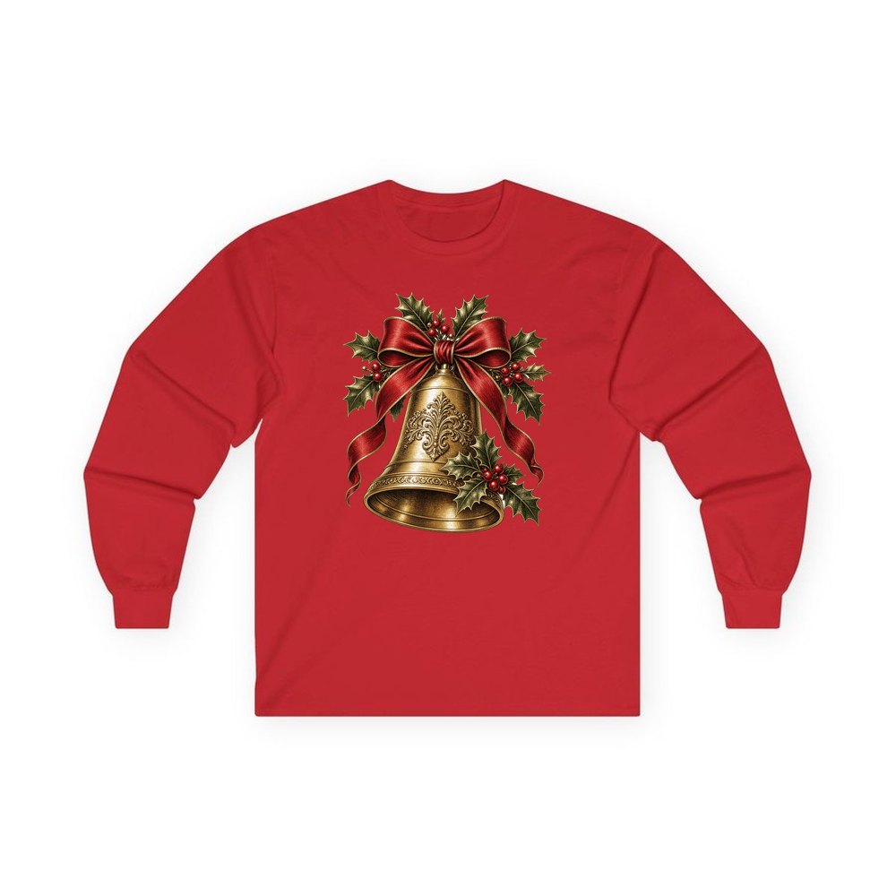 Golden Bell and Holly personalised long sleeve Christmas T-shirt in red