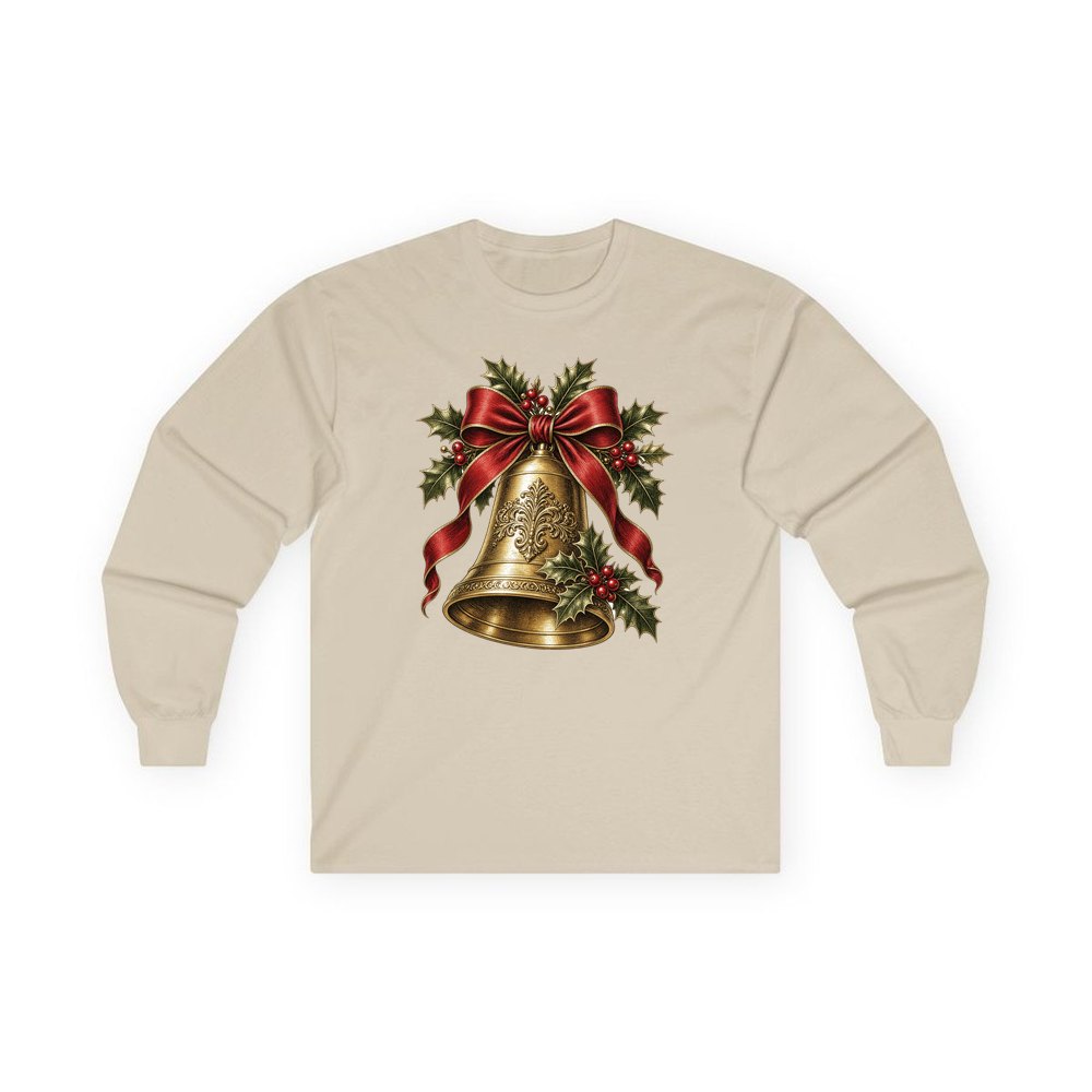 Golden Bell and Holly personalised long sleeve Christmas T-shirt in sand