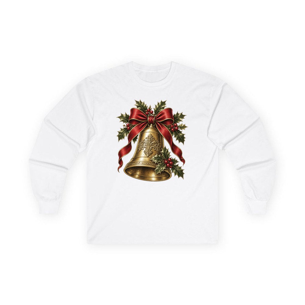 Golden Bell and Holly personalised long sleeve Christmas T-shirt in white