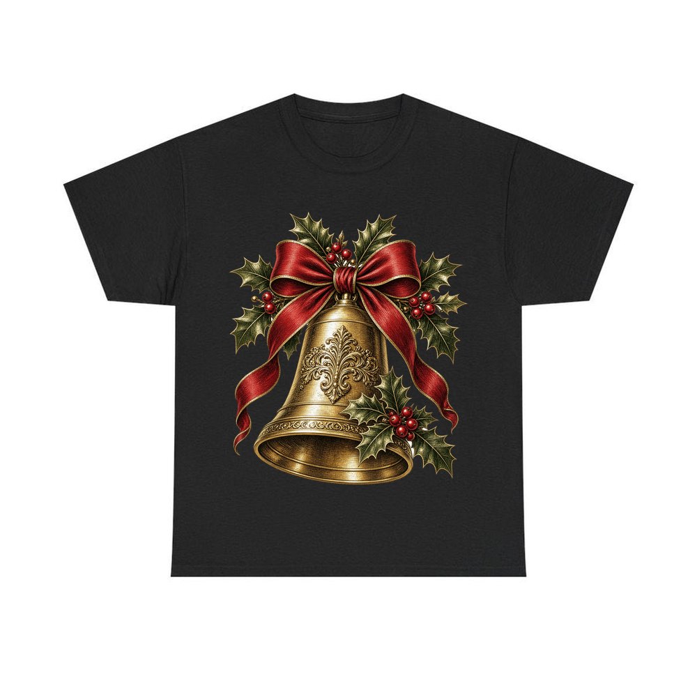 Golden Bell and Holly personalised Christmas T-shirt in black