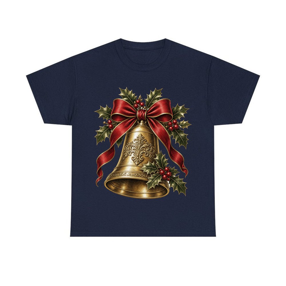 Golden Bell and Holly personalised Christmas T-shirt in navy