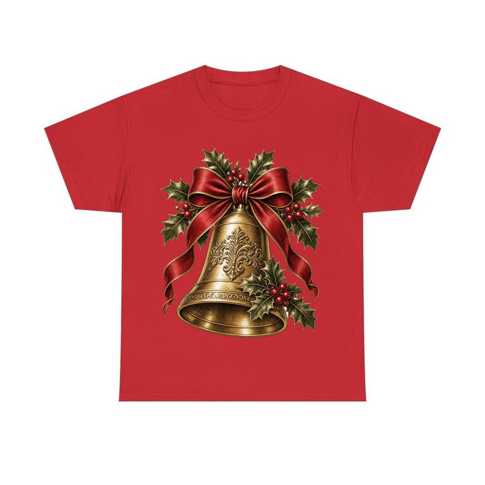 Golden Bell and Holly personalised Christmas T-shirt in red