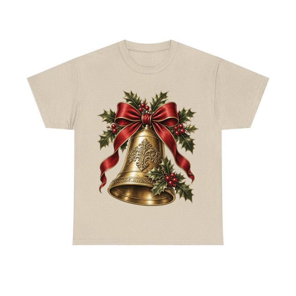 Golden Bell and Holly personalised Christmas T-shirt in sand