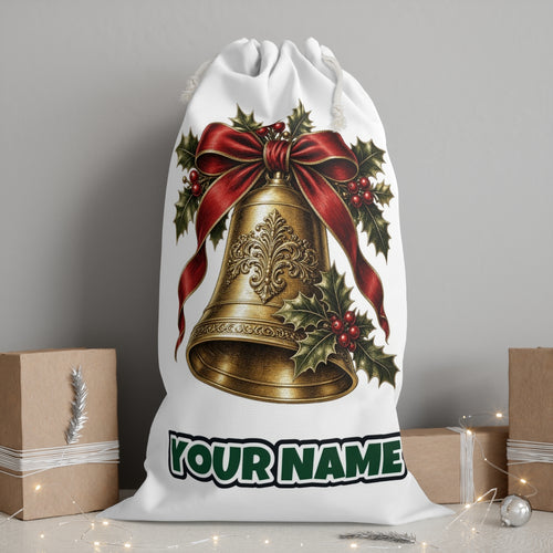 Golden Bell and Holly Personalised Santa Sack