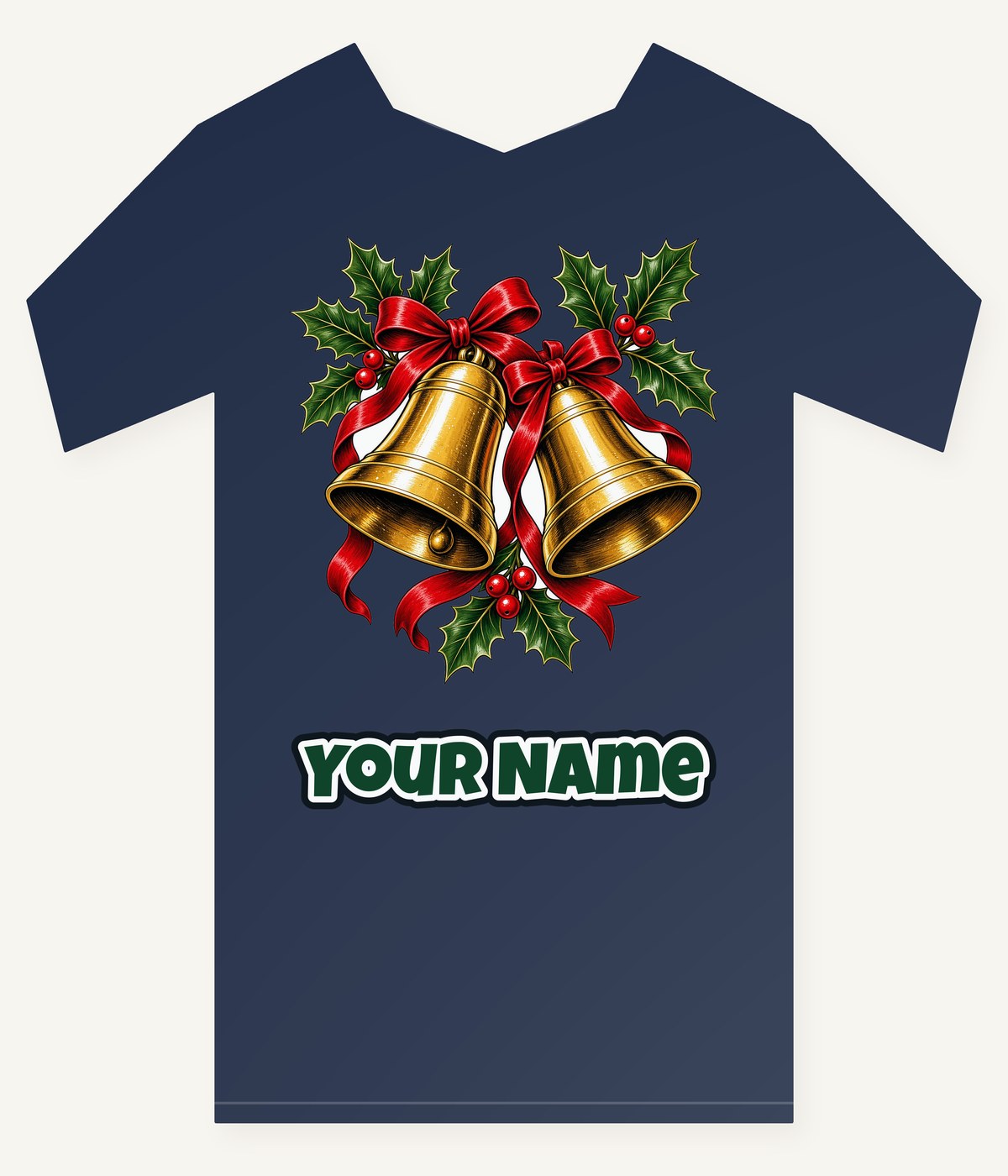 Golden Bells And Holly personalised kids Christmas tee with the design and a name printed on the front