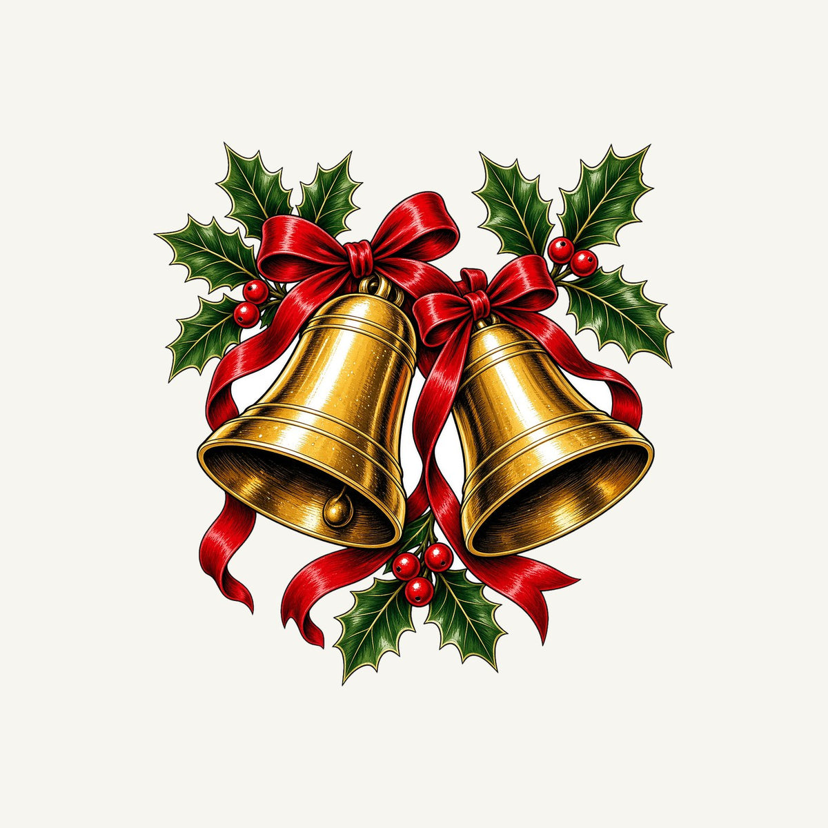 Golden Bells And Holly Christmas artwork, the design printed on the personalised kids tee