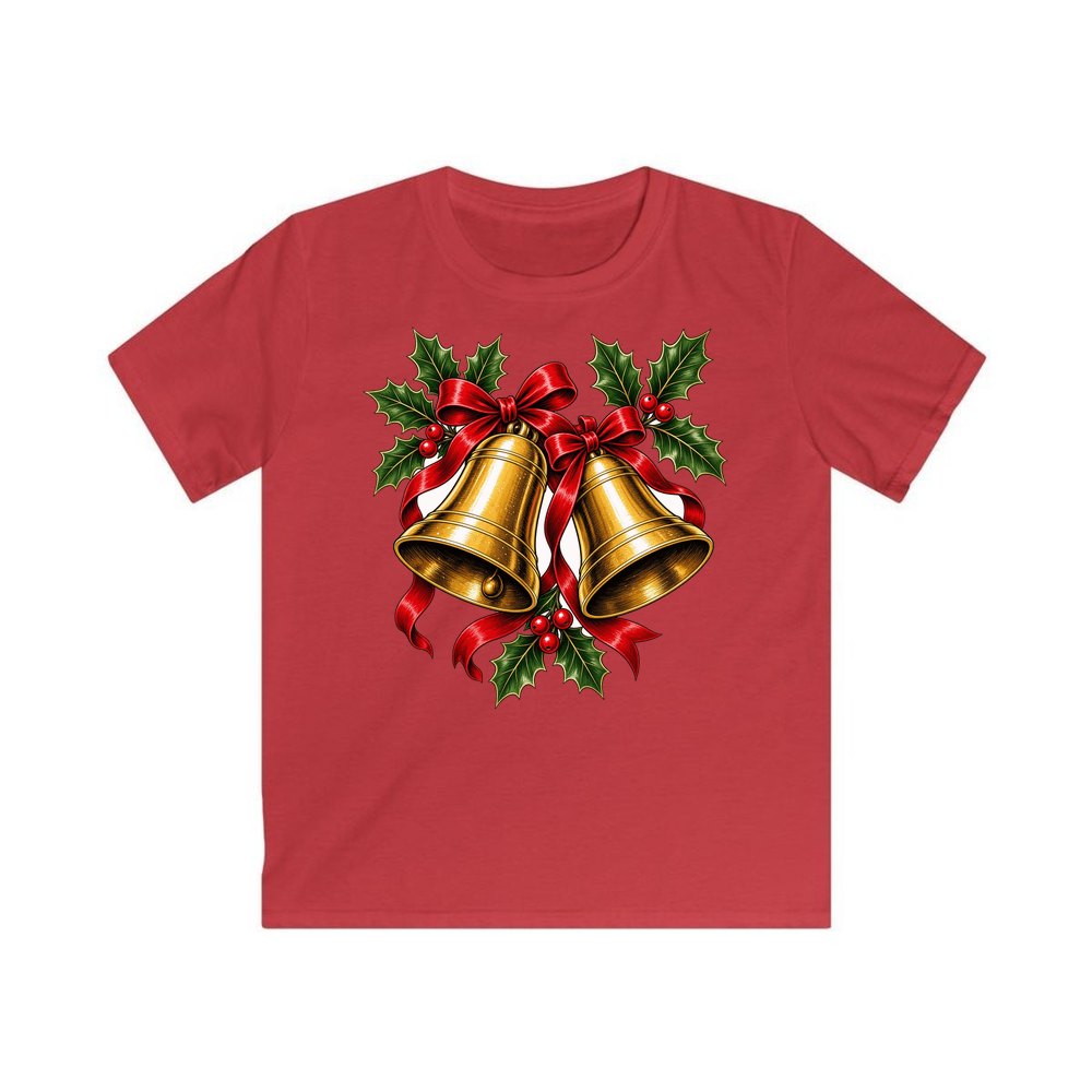 Golden Bells And Holly personalised kids Christmas tee in red