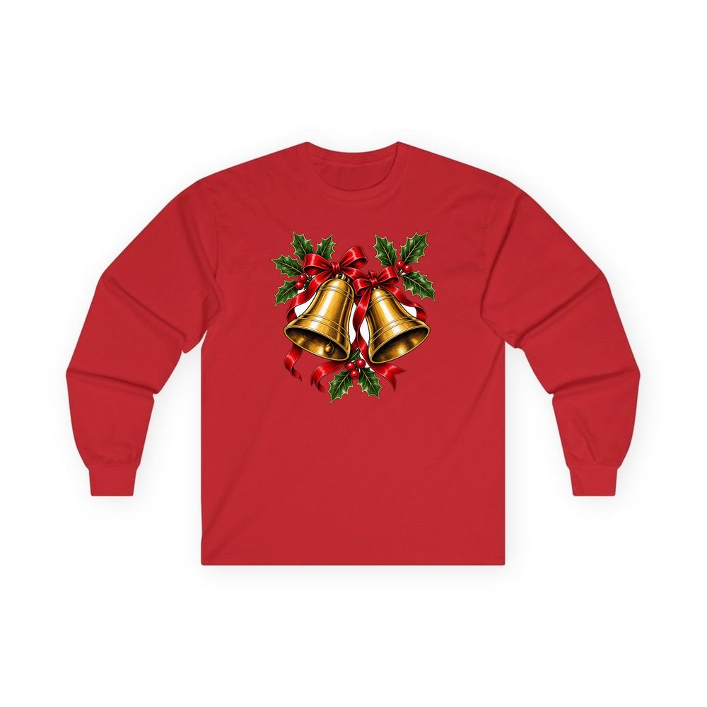 Golden Bells And Holly personalised long sleeve Christmas T-shirt in red