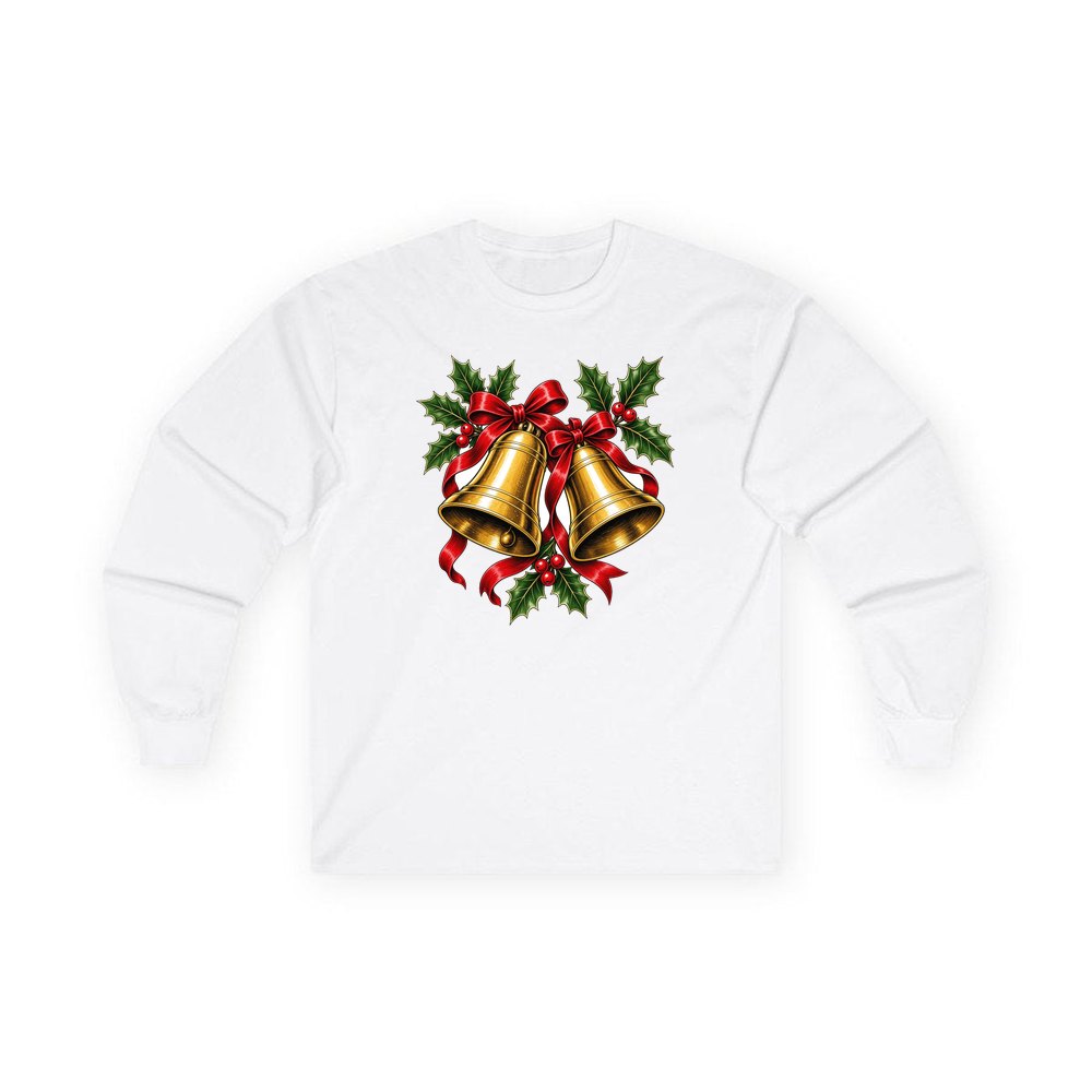 Golden Bells And Holly personalised long sleeve Christmas T-shirt in white