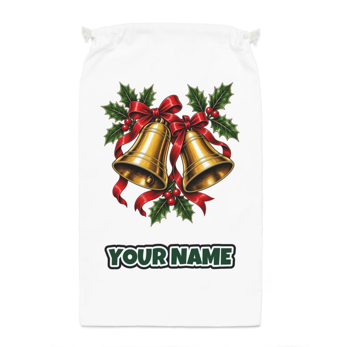 Golden Bells And Holly Santa sack laid flat, showing the full print