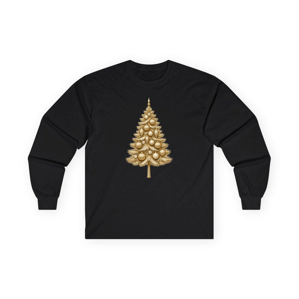 Golden Christmas Tree personalised long sleeve Christmas T-shirt in black