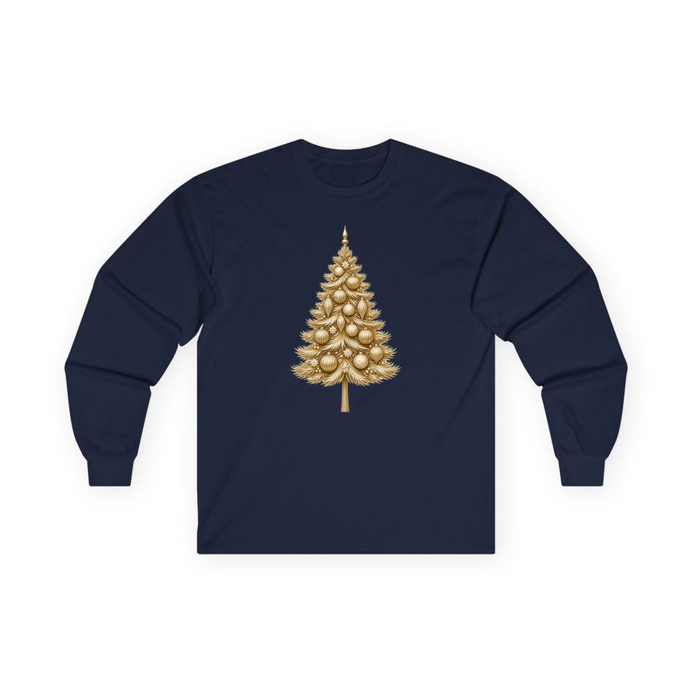 Golden Christmas Tree personalised long sleeve Christmas T-shirt in navy
