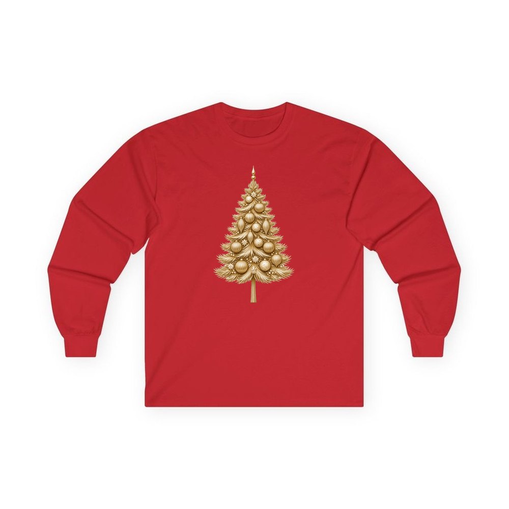 Golden Christmas Tree personalised long sleeve Christmas T-shirt in red
