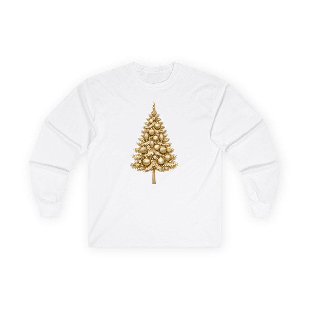 Golden Christmas Tree personalised long sleeve Christmas T-shirt in white