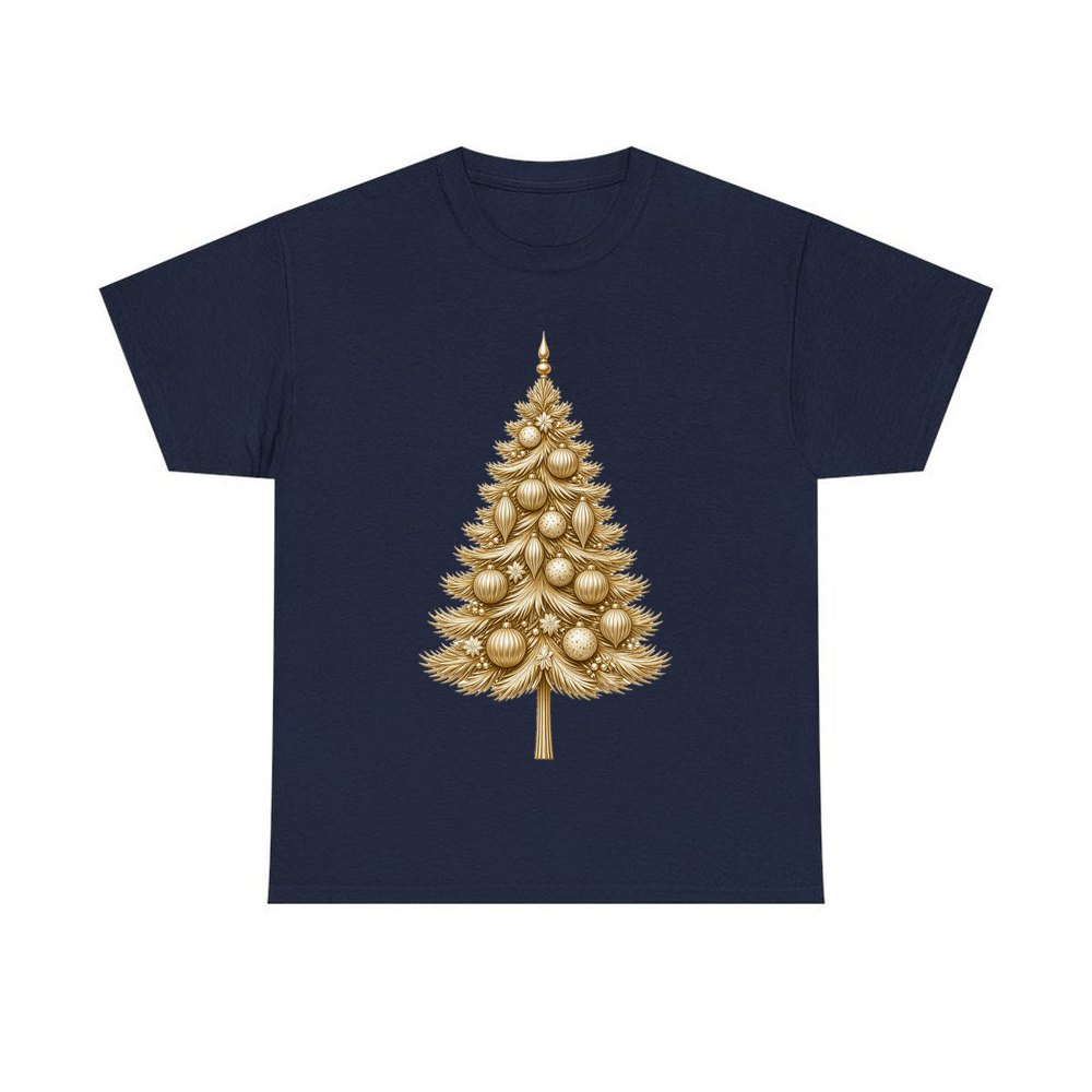 Golden Christmas Tree personalised Christmas T-shirt in navy
