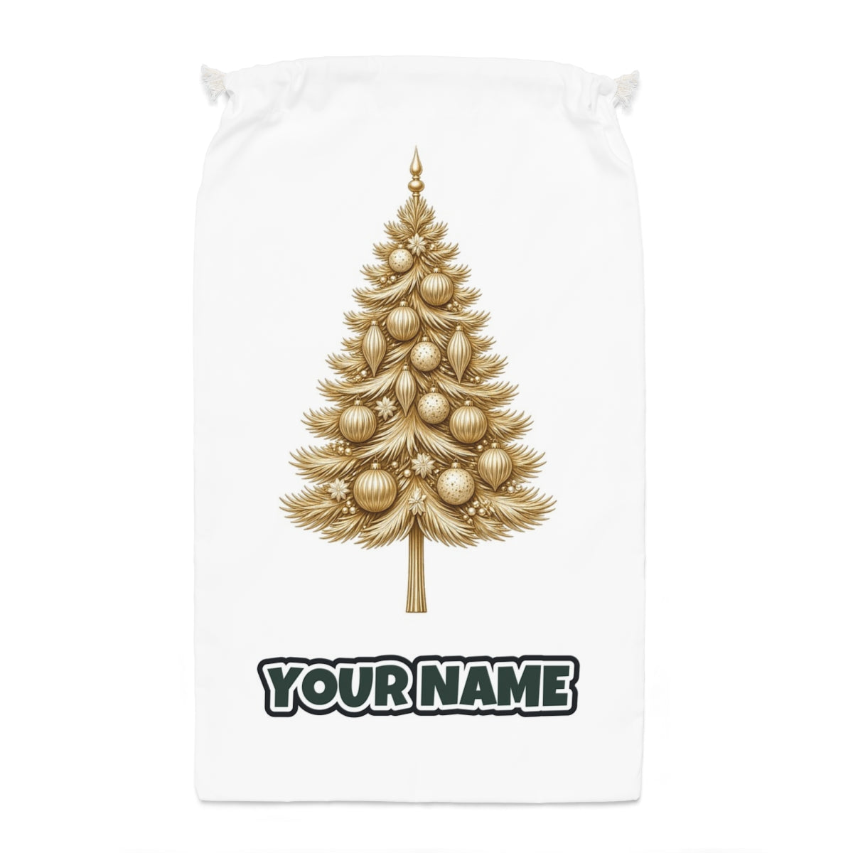 Golden Christmas Tree Santa sack laid flat, showing the full print