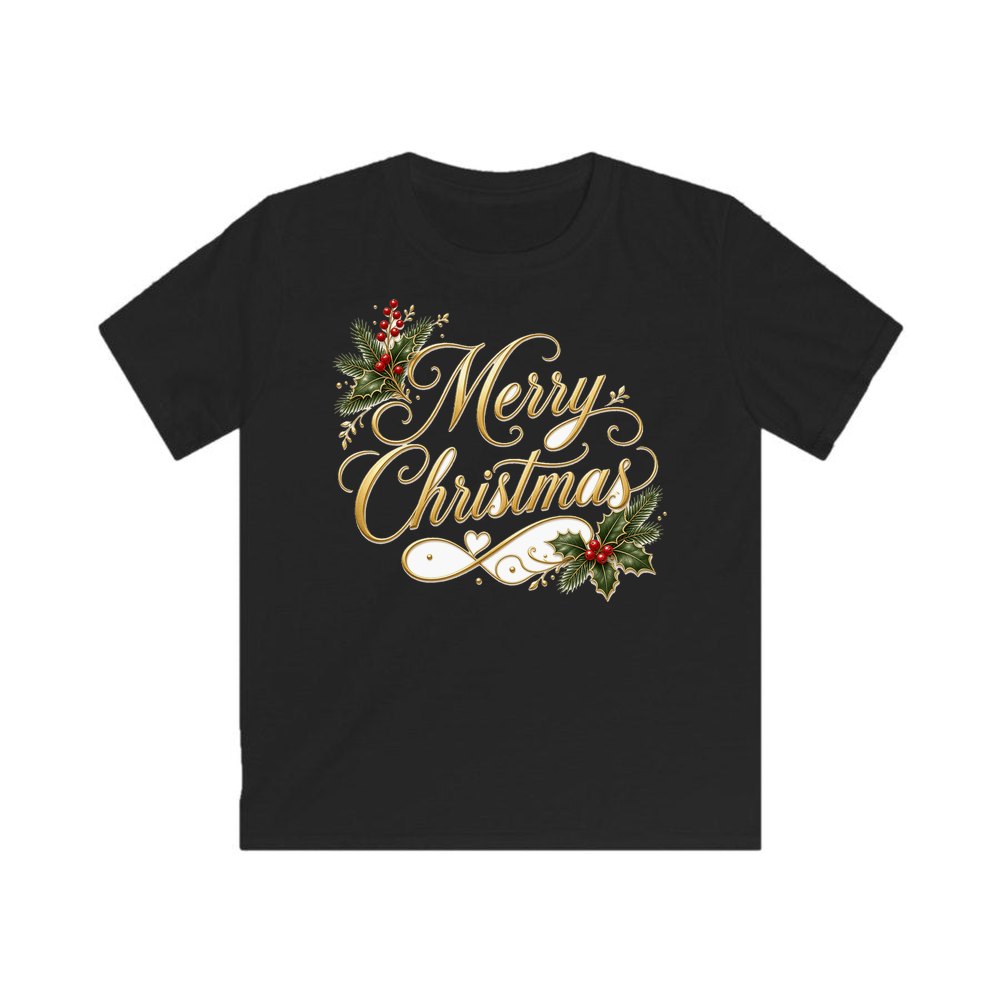 Golden Merry Christmas Script personalised kids Christmas tee in black
