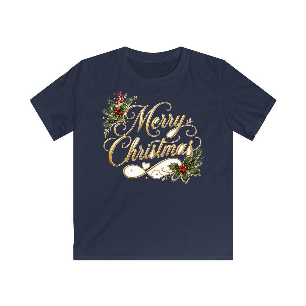 Golden Merry Christmas Script personalised kids Christmas tee in navy