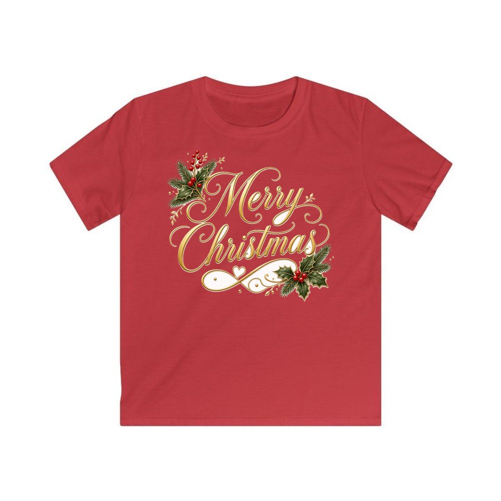 Golden Merry Christmas Script personalised kids Christmas tee in red