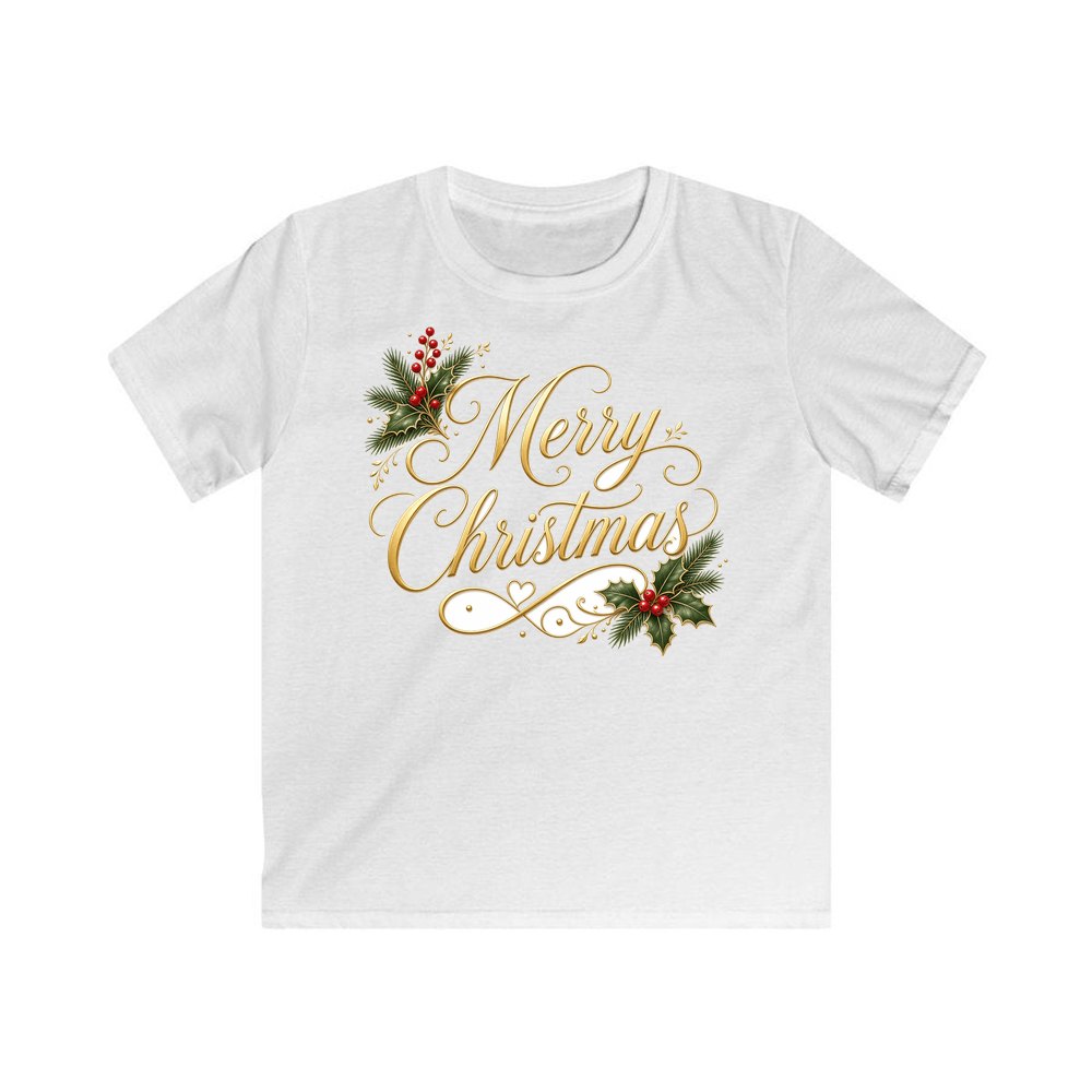 Golden Merry Christmas Script personalised kids Christmas tee in white