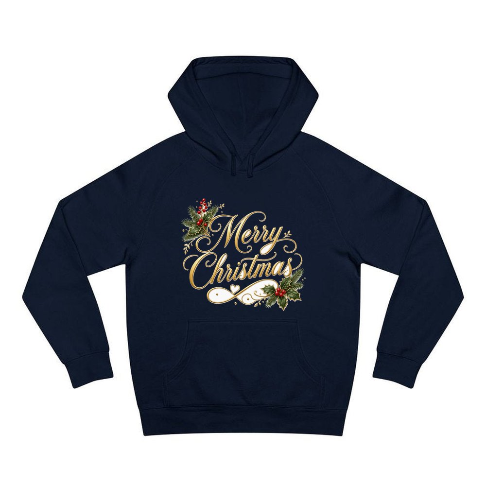Golden Merry Christmas Script personalised Christmas hoodie in navy