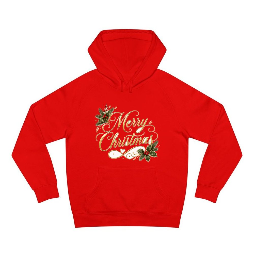 Golden Merry Christmas Script personalised Christmas hoodie in red