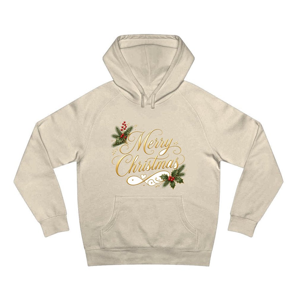 Golden Merry Christmas Script personalised Christmas hoodie in sand
