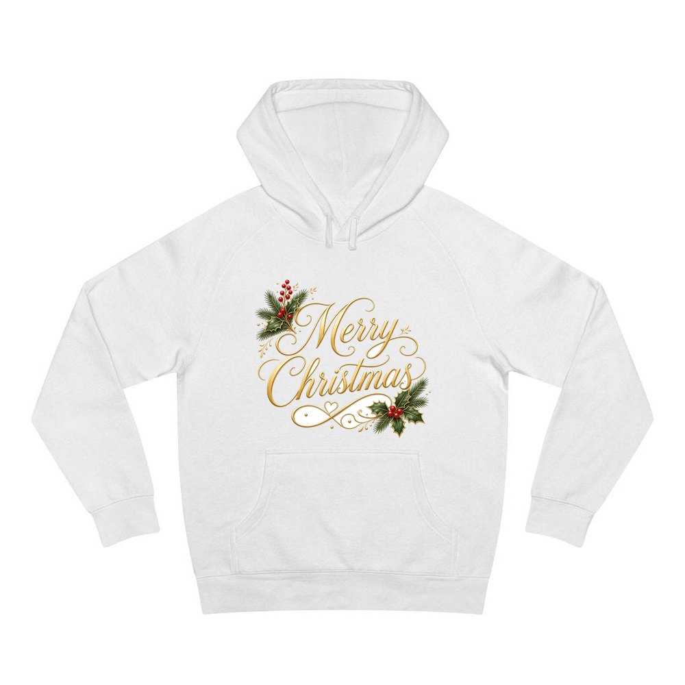 Golden Merry Christmas Script personalised Christmas hoodie in white