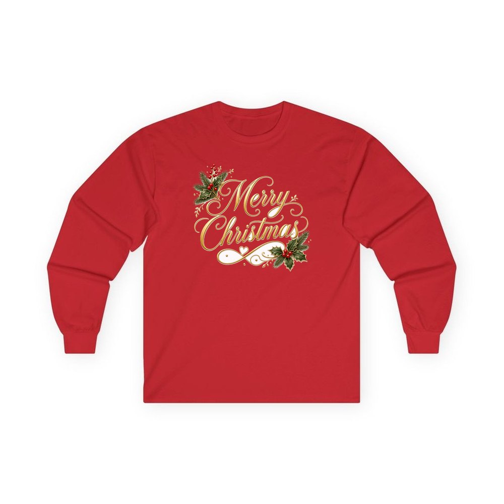 Golden Merry Christmas Script personalised long sleeve Christmas T-shirt in red