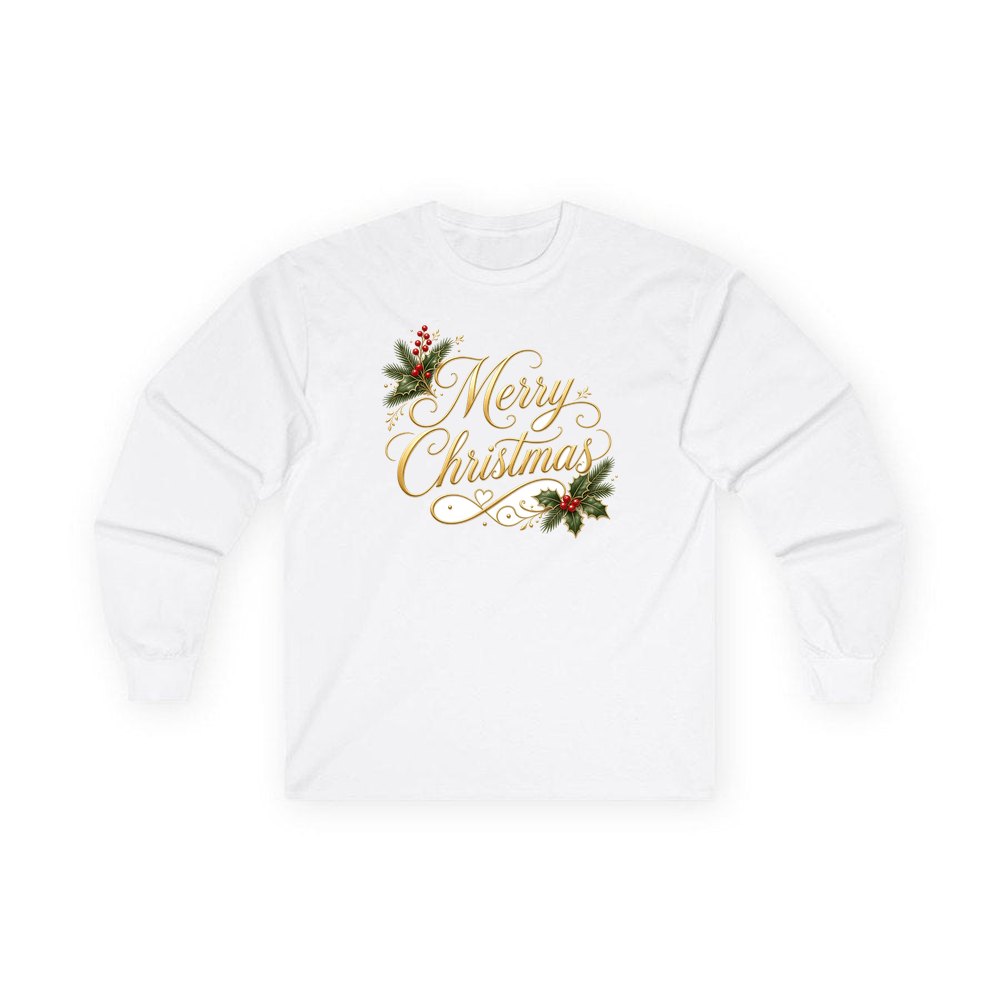 Golden Merry Christmas Script personalised long sleeve Christmas T-shirt in white