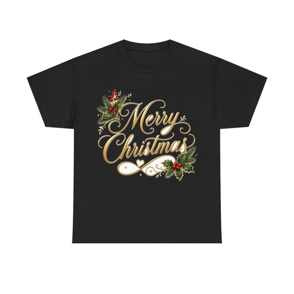 Golden Merry Christmas Script personalised Christmas T-shirt in black