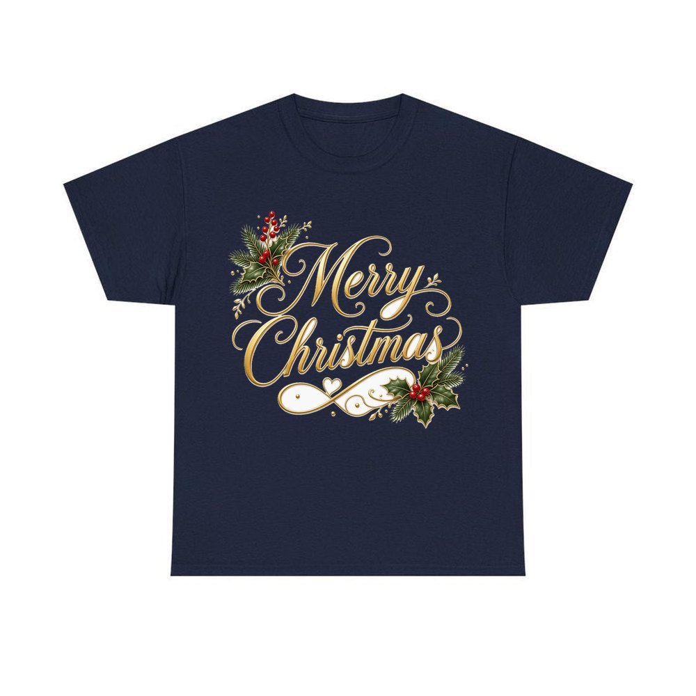 Golden Merry Christmas Script personalised Christmas T-shirt in navy