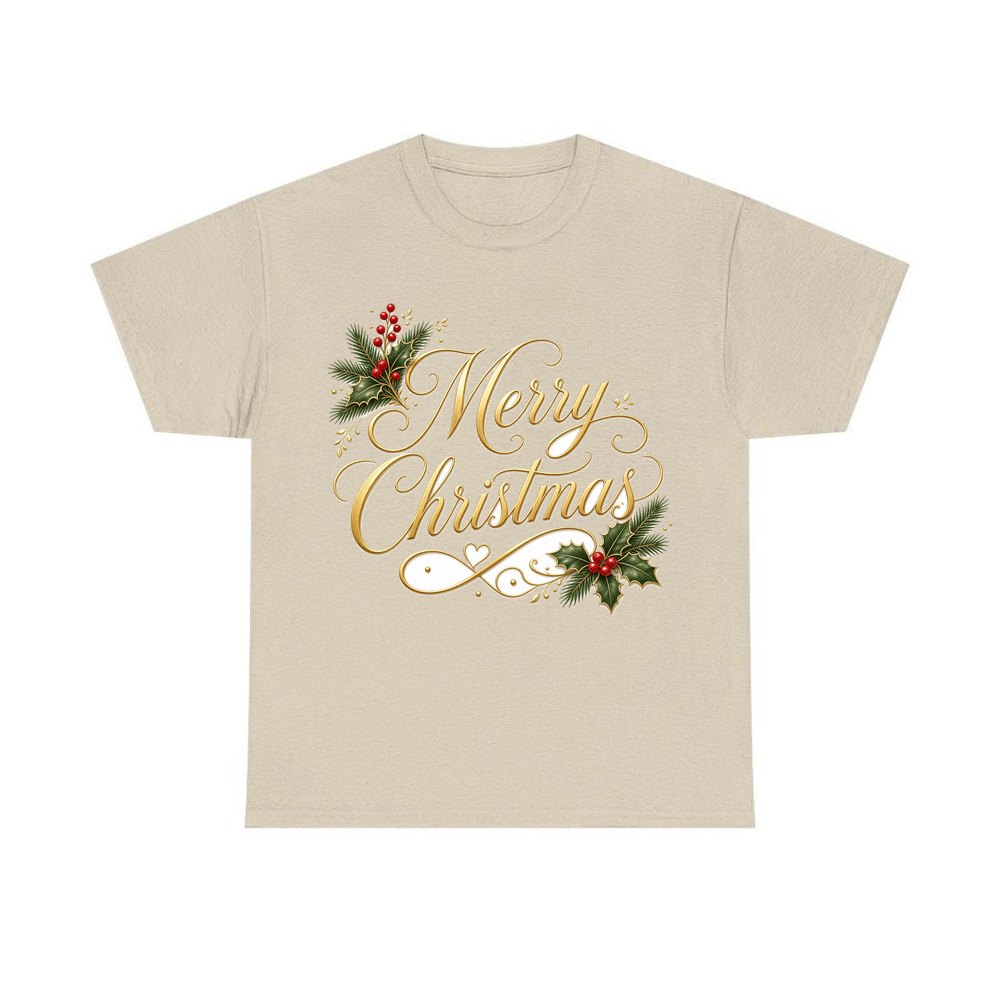 Golden Merry Christmas Script personalised Christmas T-shirt in sand